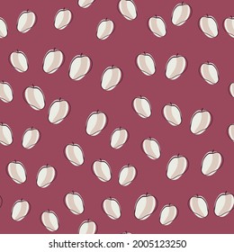 Patrón fresco sin costura con pequeñas siluetas de fruto de albaricoque adornadas. Pequeña huella de fruta. Fondo morado. Perfecto para el diseño de tela, impresión textil, envoltura, cubierta. Ilustración vectorial.