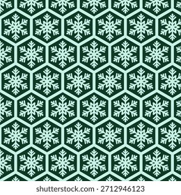 Fresh seamless pattern with mint snowflakes on a forest green hexagonal grid. Great for eco-inspired winter design, packaging, stationery and fabric prints.