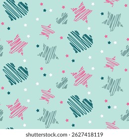 Patrón fresco sin fisuras con corazones y estrellas dibujados a mano de color verde azulado, rosa y gris sobre un fondo turquesa claro, ideal para la tela y la decoración.