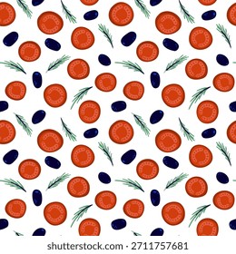 Fresh seamless pattern with tomatoes, olives and rosemary. Bright, modern and tasty design. For food branding, textile prints and kitchen decor.