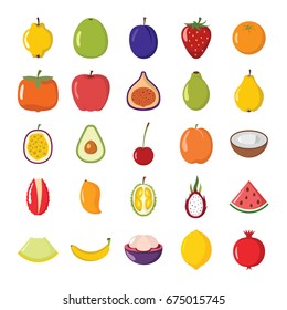 Fresh seasonal farmer market berries tropical and mediterranean fruits colorful cartoon icons collection isolated vector illustration
