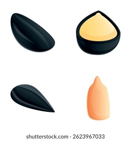 Fresh seed icons set cartoon vector. Peeled and unshelled sunflower seed. Natural product, healthy snack