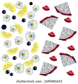 Fresh set. Chamomile flowers, dragon fruits lobules and blueberries. Juicy Clipart