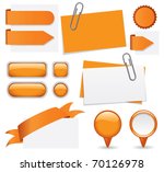 Fresh set of orange glossy buttons, paperclipped business cards, map markers, tabs, and banners. Web elements for you to customize with your text.