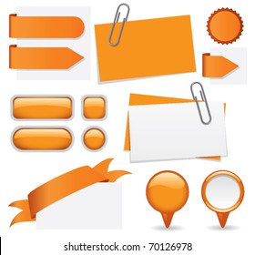Fresh Set Of Orange Glossy Buttons, Paperclipped Business Cards, Map Markers, Tabs, And Banners. Web Elements For You To Customize With Your Text.