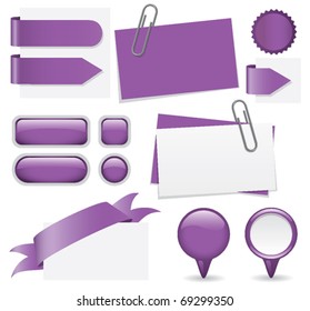 Fresh set of purple glossy buttons, paperclipped business cards, map markers, tabs, and banners. Web elements for you to customize with your text.