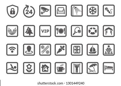 A fresh set of vector icons about the journey. It contains icons: chaise longue, workout, pool, boat, round the clock security and more.