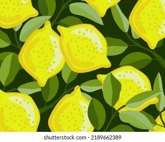 Fresh Lemons with shadows and Leaves ornament. Flat vector illustration.