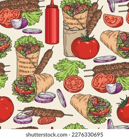 Fresh shawarma seamless pattern colorful with beef burrito with onions and tomatoes in wheat tortilla from Mexican diner vector illustration