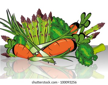  fresh shiny vegetables. Vector.
