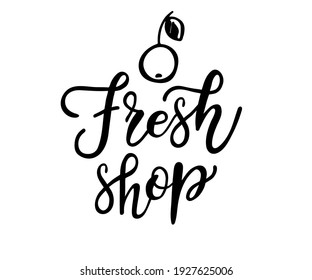 Diseño vectorial de tipografía de tienda fresca para tiendas orgánicas y vegetarianas, afiche, logo. Texto vectorial de alimentos frescos. Letras caligráficas hechas a mano. Ilustración vectorial.