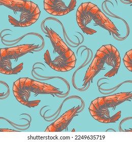 Fresh shrimp colorful seamless pattern marine delicacy crustaceans for fish restaurants or coastal seafood cafes vector illustration