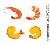 Fresh shrimp vector set with peeled, whole, and fried tempura seafood illustration for restaurant menu, culinary design, seafood market, Asian food, sushi, and cooking icon collection