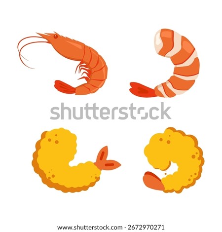Fresh shrimp vector set with peeled, whole, and fried tempura seafood illustration for restaurant menu, culinary design, seafood market, Asian food, sushi, and cooking icon collection