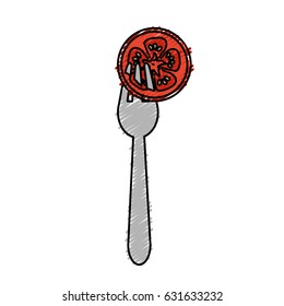 fresh slice tomato in the fork utensil