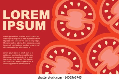 Fresh slice of tomatoes. Half cut juicy tomatoes. Flat vector illustration on red background. Fresh red Vegetable, Vegetarian, vegan Healthy organic food. Horizontal banner.