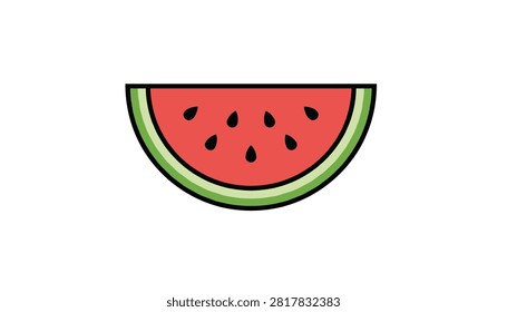Fresh slice of watermelon flat vector illustration showing juicy red pulp and black seeds on a white background.