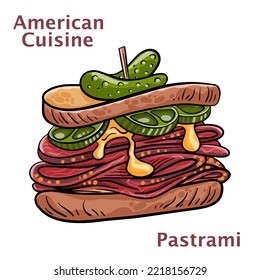 Fresh sliced beef pastrami, roast beef meat on white background American food