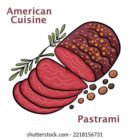 Fresh sliced beef pastrami, roast beef meat on white background American food