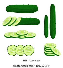 Fresh sliced cucumber isolated on white. Cartoon. Vector. Set of fresh cucumbers.
