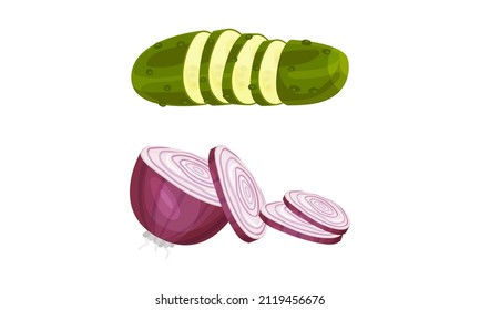 Fresh sliced cucumber and red onion. Ingredients for hot dog cooking vector illustration
