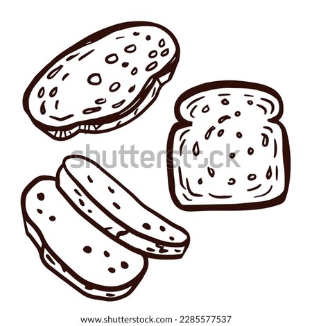 Fresh sliced ​​bread in different shapes. Bakery item. Graphic outline hand drawn vector illustration isolated on white background for menu, bakery label design.