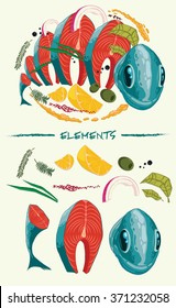 Fresh sliced fish with spices and vegetables. Cooking concept with vector elements.