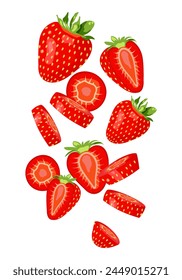 Fresh sliced ​​strawberries floating in the air. Isolated vector illustration