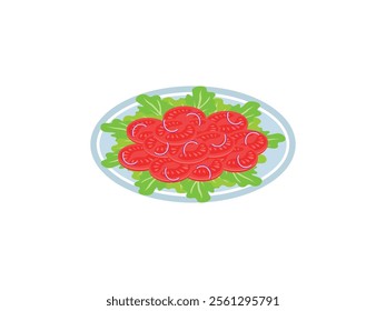 Fresh Sliced Tomato Salad Vector Illustration with Lettuce, Onion, and Colorful Ingredients on a Plate – Healthy Vegetarian Meal, Organic Vegetables, Nutritious Salad Garnishing, Restaurant Food Menu