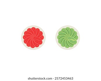 Fresh Sliced Tomatoes Vector: Healthy Red and Green Tomato Slices with Seeds, Vegetable Cross-Section, Top View. Organic Ingredients for Salads and Garnishing on Plate, Nutritious Raw or Ripe Slices.