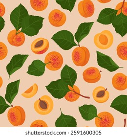 Fresh Slices Apricots seamless pattern. Vector illustration in hand-drawn flat style