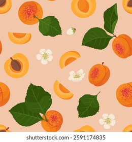 Fresh Slices Juicy Apricots seamless pattern. Vector illustration in hand-drawn flat style