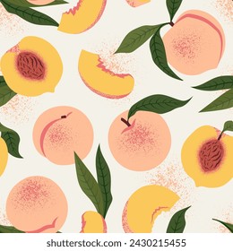 Fresh Slices Juicy Peaches seamless pattern. Vector illustration in trendy colors