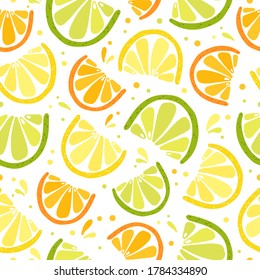 Fresh slices of lime, lemon, mandarin and orange with splash of juice isolated on a white background. Vector seamless pattern. Fruit pattern. Flat design for textile, wrapping paper, wallpaper.