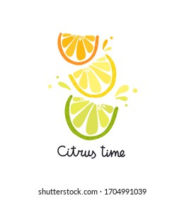 Fresh slices of lime, lemon and orange with splash of juice. Hand-drawn illustration isolated on a white background for posters, postcards, t-shirt design. Vector set of citrus slices.