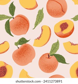 Fresh Slices Peach fruits seamless pattern. Texture trendy Vector illustration