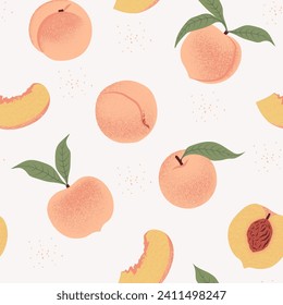 Fresh Slices Peach fruits seamless pattern. Vector illustration in trendy Peach Fuzz color