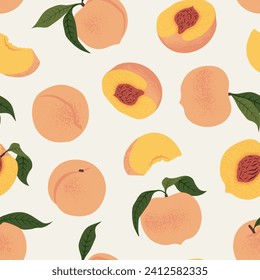 Fresh Slices Peach seamless pattern. Vector illustration in trendy retro style