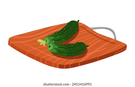 Fresh small cucumbers are laid out on a wooden chopping board. Juicy green round vegetables. Fresh vitamins on the cutting tray. For cooking blogs, recipe cards. Vector illustration