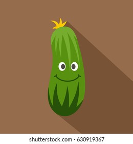 Fresh smiling cucumber icon. Flat illustration of fresh smiling cucumber vector icon for web on coffee background