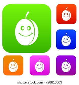 Fresh smiling plum set icon color in flat style isolated on white. Collection sings vector illustration