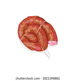 Fresh smoked boiled sausage. Delicious gastronomic meet product. Butchery shop, farm market or processing plant design vector illustration isolated on white background