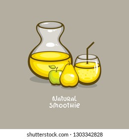Fresh Smoothie with apple and pear vector illustration. Healthy summer drink. Detox menu and raw food. Template for logo and menu design.