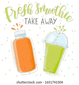 Fresh smoothie in different cups. Take away. Superfoods and health or detox diet food concept in doodle style. Modern calligraphy and handwritten lettering