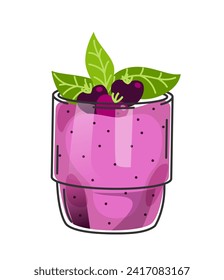 Fresh smoothie in doodle style. Delicious fruit cocktail or refreshing blackberry juice. Soft drink or beverage in glass. Design for menu. Cartoon flat vector illustration isolated on white background