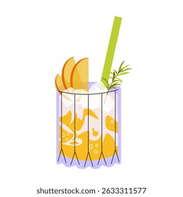Fresh smoothie in doodle style. Delicious soft drink, lemonade, fruit juice, milkshake and mixed cocktail with ice. Refreshing summer beverage. Cartoon flat vector illustration isolated on background.
