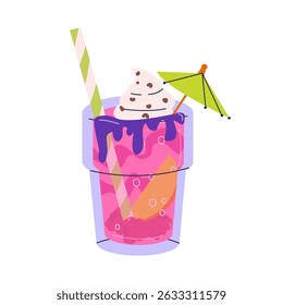 Smoothie fresco no estilo doodle. Refrigerante delicioso, limonada, suco de frutas, milkshake e coquetel misto com gelo. Bebida de verão refrescante. Ilustração vetorial plana de desenhos animados isolada no plano de fundo.