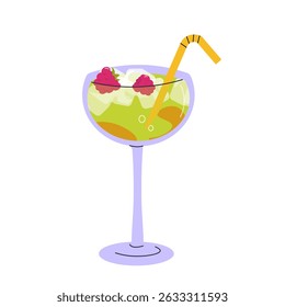 Fresh smoothie in doodle style. Delicious soft drink, lemonade, fruit juice, milkshake and mixed cocktail with ice. Refreshing summer beverage. Cartoon flat vector illustration isolated on background.