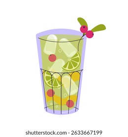 Fresh smoothie in doodle style. Delicious soft drink, lemonade, fruit juice, milkshake and mixed cocktail with ice. Refreshing summer beverage. Cartoon flat vector illustration isolated on background.