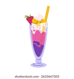Smoothie fresco no estilo doodle. Refrigerante delicioso, limonada, suco de frutas, milkshake e coquetel misto com gelo. Bebida de verão refrescante. Ilustração vetorial plana de desenhos animados isolada no plano de fundo.